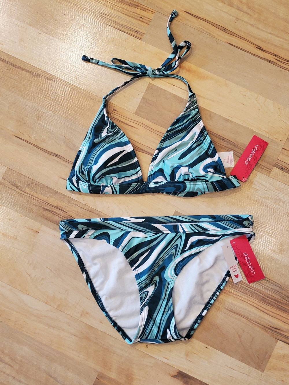 NWT Triangle Halter Bikini Set in Teal Swirl Sz MEDUIM